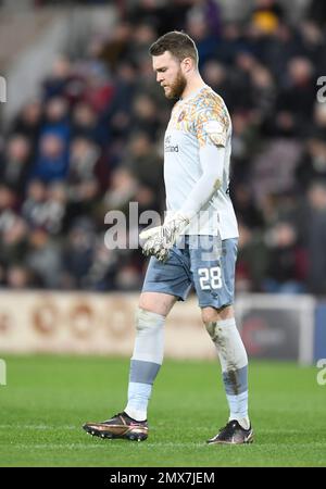 Edinburgh, Scotland, 1st February 2023.  Zander Clark of Hearts during the cinch Premiership match at Tynecastle Park, Edinburgh. Picture credit should read: Neil Hanna / Sportimage Stock Photo