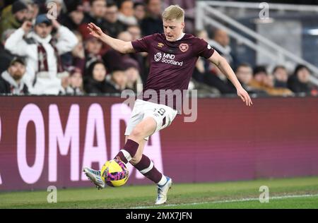 Edinburgh, Scotland, 1st February 2023.   Alex Cochrane of Hearts during the cinch Premiership match at Tynecastle Park, Edinburgh. Picture credit should read: Neil Hanna / Sportimage Stock Photo