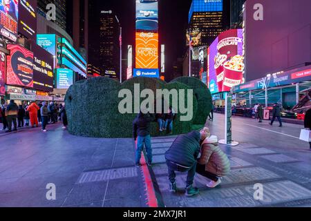 Tourists crowd “Love's h|Edge”, the winner of the 15th Annual Times Square Love & Design Competition in Times Square in New York on Wednesday, February 1, 2023. Designed by Almost Studio, the Valentine’s Day sculpture consists of heart-shaped “hedges” giving visitors a maze-like secret garden, and lots of selfie opportunities. The sculpture will be on display through February 28.(© Richard B. Levine) Stock Photo