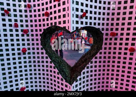 Tourists crowd “Love's h|Edge”, the winner of the 15th Annual Times Square Love & Design Competition in Times Square in New York on Wednesday, February 1, 2023. Designed by Almost Studio, the Valentine’s Day sculpture consists of heart-shaped “hedges” giving visitors a maze-like secret garden, and lots of selfie opportunities. The sculpture will be on display through February 28.(© Richard B. Levine) Stock Photo