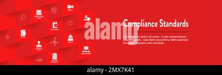 Compliance Standards web header banner w icon set that shows company passed inspection Stock Vector
