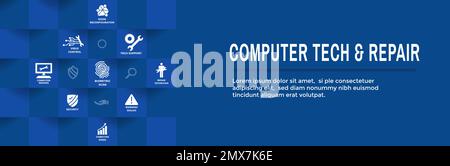 Information technology Web Header Banner with Wrench, Computer Repairman and computer icons, etc. Stock Vector