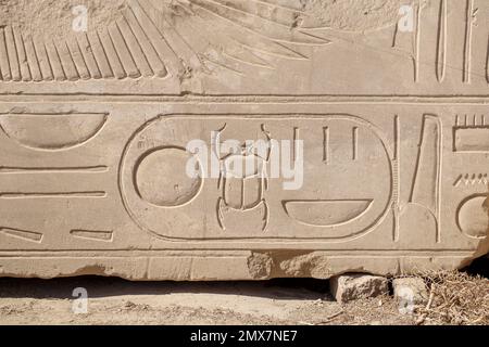 The cartouche of Tutankhamun on a stone block at Karnak Temple, Luxor, Egypt Stock Photo