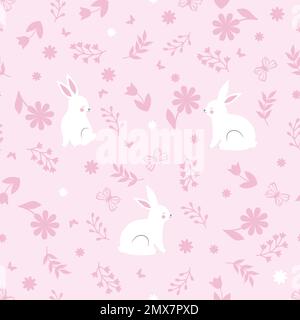 Cute seamless pattern with bunny and pink flowers and leaves Stock Vector