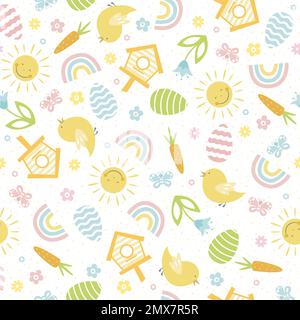 Easter seamless pattern with bird, flowers, holiday eggs. Perfect for wallpaper, gift paper, web page background and Easter greeting cards Stock Vector