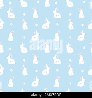 Seamless pattern with rabbit cartoons and daisy flower on blue background Stock Vector