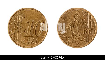 Both sides of the 10 Euro cents coin minted in France (2001), with a modern adaptation of The Sower, initially designed by Oscar Roty, on the obverse. Stock Photo