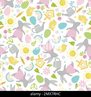 Easter seamless pattern with flower, branch, holiday eggs, bunny, chicken. Perfect for wallpaper, gift paper, pattern fills, web page background, spri Stock Vector