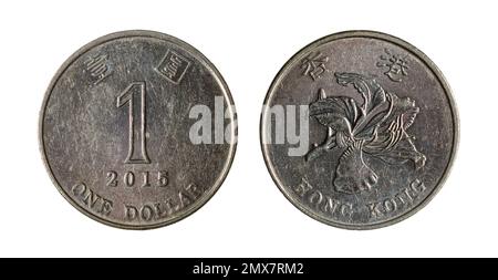 Both sides of the 1 Hong Kong dollar coin (2015) featuring Bauhinia, or Hong Kong orchid flower (Bauhinia blakeana) on the obverse side. Stock Photo