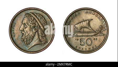 Both sides of 50 Greek drachmas coin (1988) with a sailing trireme on the obverse and bust of Homer, an ancient Greek poet on the reverse. Stock Photo