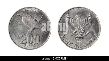 Both sides of the 200 Indonesian rupiahs coin (2003) with Bali mynah bird, aka Rothschild's mynah (Leucopsar rothschildi) on the reverse. Stock Photo