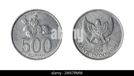 Both sides of the 500 Indonesian rupiahs coin (2003) featuring National emblem of Indonesia, called Garuda Pancasila, on the obverse side. Stock Photo