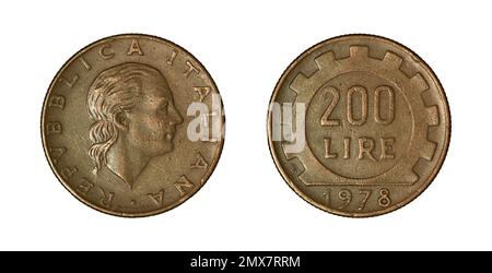 Both sides of the 200 Italian Lire coin (1978) with a woman head with long curly hair on the obverse and a square toothed gear on the reverse. Stock Photo