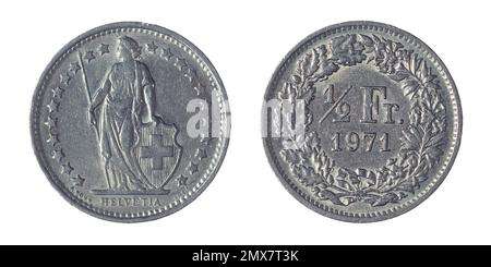 Both sides of the 1/2 Swiss franc coin (1971) featuring figure of Helvetia with 22 stars around representing 22 cantons of the Swiss confederation. Stock Photo