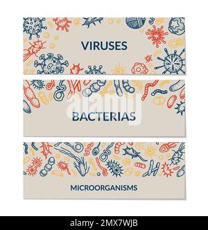 Set of microbiology banners. Collection of different types of microorganisms. Scientific vector illustration in sketch style Stock Vector