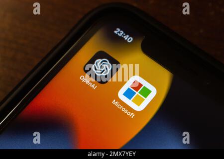 Vancouver, CANADA - Feb 1 2023 : OpenAI and Microsoft icons seen in an iPhone. OpenAI is an US artificial intelligence (AI) research laboratory Stock Photo