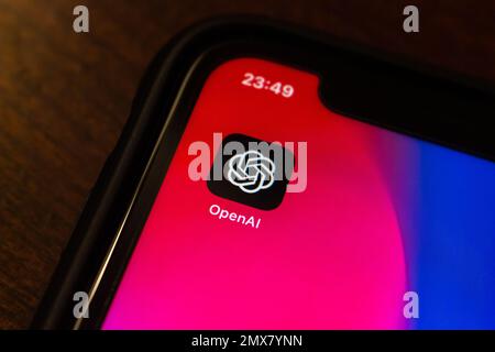 Vancouver, CANADA - Feb 1 2023 : Icon of OpenAI seen in an iPhone. OpenAI is an US artificial intelligence (AI) research laboratory Stock Photo