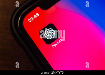 Vancouver, CANADA - Feb 1 2023 : Icon of OpenAI seen in an iPhone. OpenAI is an US artificial intelligence (AI) research laboratory Stock Photo