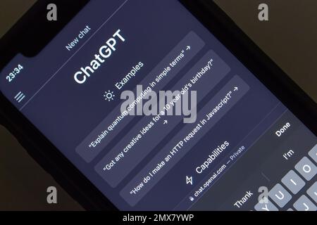 Website of ChatGPT seen in an iPhone. ChatGPT is a chatbot by OpenAI and is built on top of OpenAI's GPT-3 family of large language models. Stock Photo