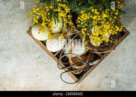 Easter card concept with nest and bright yellow mimosa flowers Stock Photo