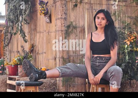 Young female in casual clothes sitting on stool and looking at camera while resting in cozy room Stock Photo
