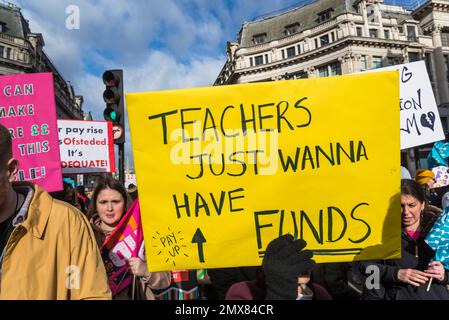 Teachers just wanna have funds placard, Teachers and civil servants join mass strike on 'Walkout Wednesday', London, UK. 01/02/2023 Stock Photo