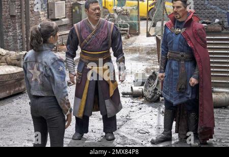 DOCTOR STRANGE  IN THE MULTIVERSE OF MADNESS 2022 Marvel Studios film with from left: Xochitl Gomez, Benedict Wong and Benedict Cumberbatch as Doctor Strange Stock Photo