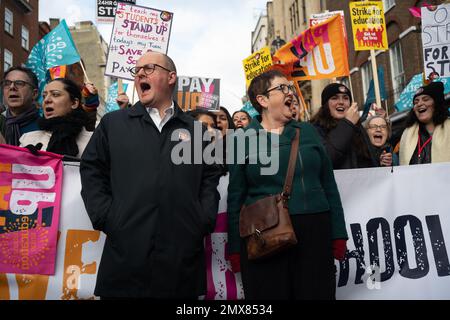 Paul Nowak and Dr Mary Bousted showing their support for Strike action by the NEU [National Education Union] as thousands of teachers and teaching staff marched on Whitehall, demanding better pay and conditions. Stock Photo