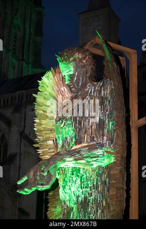 Gloucester, UK. 2nd Feb, 2023. Knife Angel is a 27-foot-tall sculpture made from knives confiscated by national Police Forces. The Angel is placed outside Gloucester's famous Cathedral as part of a national tour raising awareness of knife crime. Created by sculptor Alfie Bradley the Angel shows the need for social change and acts as a memorial to those affected by violence. Credit: JMF News/Alamy Live News Stock Photo