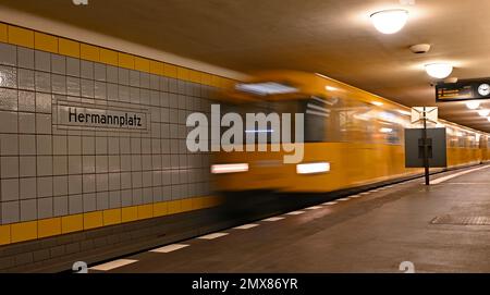 Berlin, Germany. 02nd Feb, 2023. A subway train enters the 'Hermannplatz' subway station in Berlin. Protective masks no longer have to be worn on buses and trains in Berlin and Brandenburg. The mask obligation in public transport ended in the night to Thursday. Credit: Philipp Znidar/dpa/Alamy Live News Stock Photo