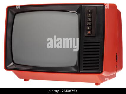 Vintage red CRT TV receiver isolated on white background Stock Photo