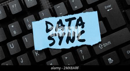 Conceptual display Data Sync. Conceptual photo data that is continuously generated by different sources Stock Photo