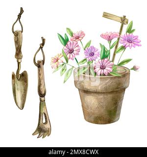Illustration of a set with gardening tools. High quality illustration Stock Photo