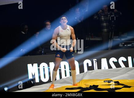 Armand Duplantis of Sweden celebrates after clearing 6,10m during the Mondo Classic 2023 pole vault gala at IFU Arena in Uppsala, Sweden, on Feb. 02, Stock Photo