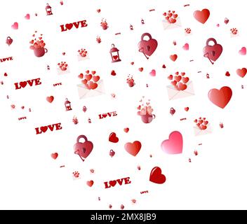 Cute red and pink hearts, lock with key, lantern pattern. Lovely romantic background for Valentine's Day. Suitable for wrapping paper, printing, postc Stock Vector