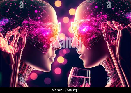 Fiber optic internet concept, artificial intelligence, Humanoid cybernetic female figure with a neural network. Valentine's day toast, glass of pink c Stock Photo