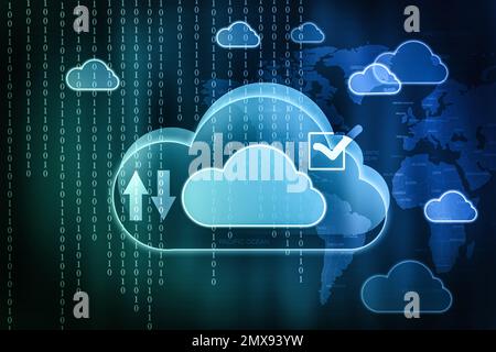 Cloud image, binary code and world map on background. Modern technology Stock Photo