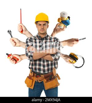 Multitasking concept. Handyman with different tools on white background Stock Photo