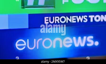 Warsaw, Poland. 21 February 2022. Photo of  Euro News logo on a tv monitor screen. Stock Photo