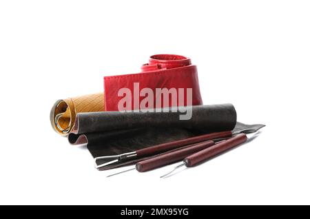 Leather samples and craftsman tools isolated on white Stock Photo