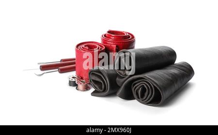 Leather samples and craftsman tools isolated on white Stock Photo