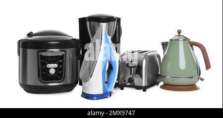 Set of modern home appliances isolated on white Stock Photo