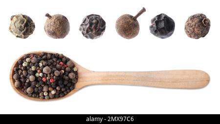 Set of different peppercorns on white background, top view. Banner design Stock Photo