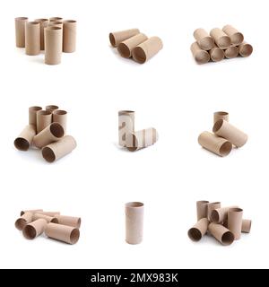 Set with empty paper toilet rolls on white background Stock Photo