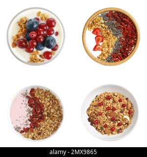 Set of different granola breakfasts with berries on white background, top view Stock Photo