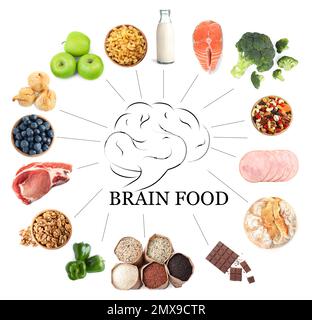 Set with different brain food on white background Stock Photo
