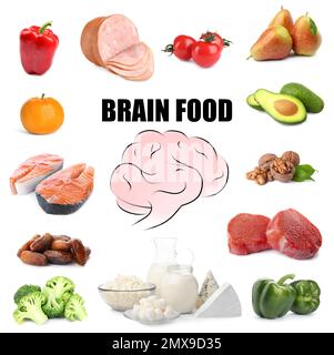 Set with different brain food on white background Stock Photo