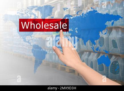 Woman clicking Wholesale button and world map with blurred view of warehouse on background Stock Photo