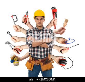 Multitasking concept. Handyman with different tools on white background Stock Photo