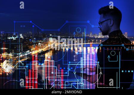 Multiple exposure of businessman, graph and night cityscape Stock Photo